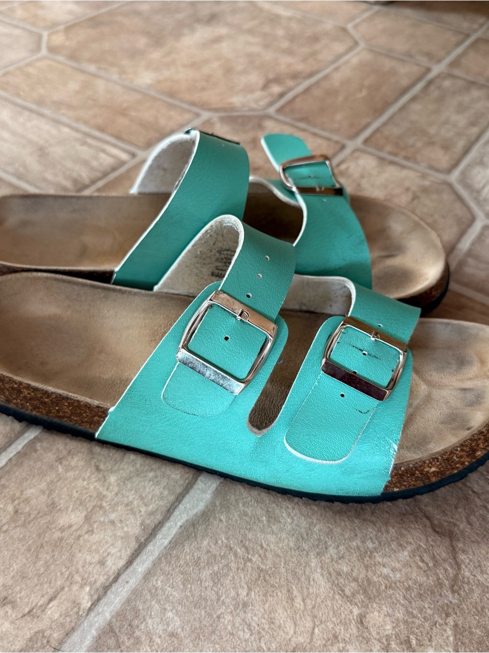 Women's Teal Double-Buckle Slide Sandals